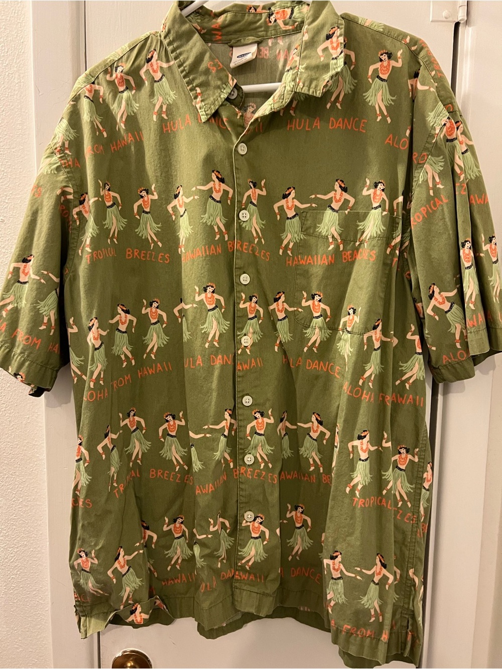 Old Navy Olive Green Hawaiian Hula Print Button-Down Shirt